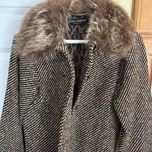 Dolce & Gabbana Brown Houndstooth Coat with Fur Collar, women’s small